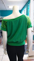 Off Shoulder Slouch Sweatshirt in Green Scuba Knit with Ombre Striped Sleeves