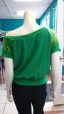 Off Shoulder Slouch Sweatshirt in Green Scuba Knit with Ombre Striped Sleeves