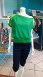 Off Shoulder Slouch Sweatshirt in Green Scuba Knit with Ombre Striped Sleeves