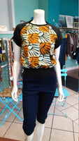 Unisex African Batik and Jersey Crew Neck Pullover in Ankara Cotton with Sun Motif