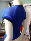 Bright Blue Mesh Sleeve and Brushed Knit Pullover with Black Trim