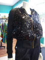 Black Sequin Bomber Jacket with Side Pockets