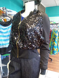 Black Sequin Bomber Jacket with Side Pockets