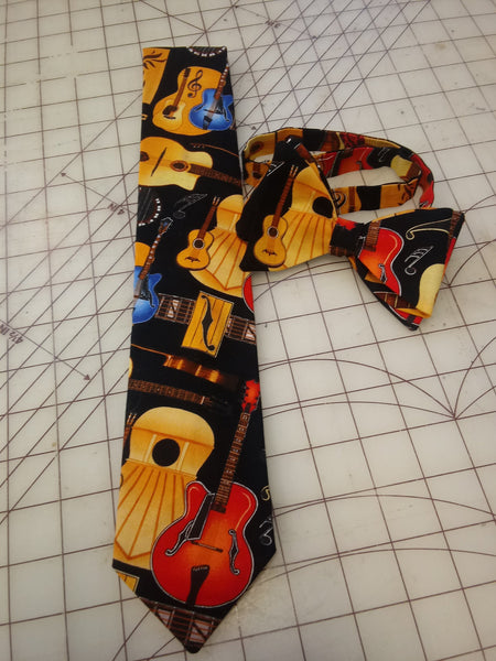 Guitar Neckties in bow tie, skinny tie, and standard tie styles, kids or adult sizes