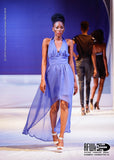 Ethereal Blue Azure Chiffon Dress with Rhinestone Back Chains, in High Low Silhouette and Halter Neckline