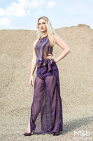 Purple Chiffon Harem Pants with Side Thigh Slits and Jersey Shorts Lining