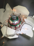 Large Hand Painted Red and Green Christmas Ornament with Henna Art on White Satin Glass Bulb