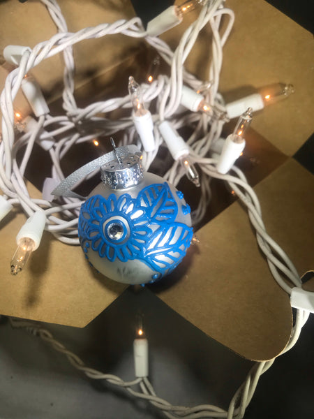 Small Hand Painted White Satin Glass Ornament with Henna Art in Blue