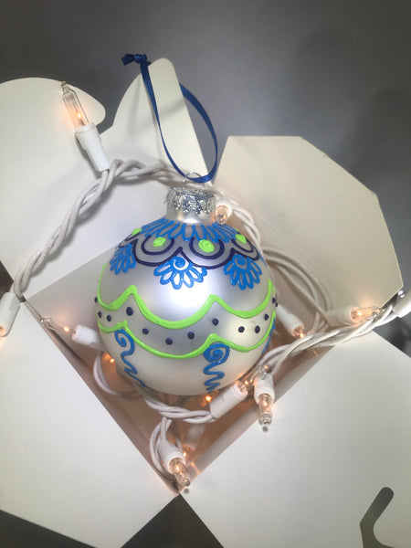 Hand Painted Ornament with Henna Design in Blue, Green and White Satin Bulb