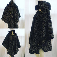 Long African Mudcloth Cape with Hood in Black and White