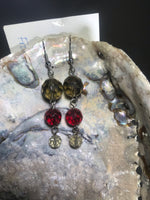 Grey, Red and Crystal Drop Earrings with Stainless Steel Ear wires