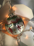 Large Hand Painted Red and Green Christmas Ornament with Henna Art on White Satin Glass Bulb