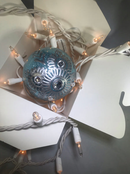 Hand Painted Ornament Blue Glitter and Silver Christmas Bulb