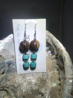 Wood and Turquoise Drop Earrings with Stainless Steel Ear wires