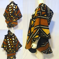 Long African Mudcloth Cape with Hood in Black, Brown and White