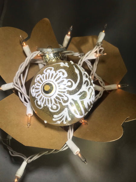 Large Hand Painted Ornament with Henna Art on Gold Glitter Glass Bulb