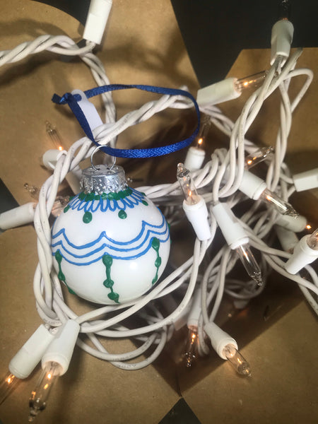 Small Hand Painted White Glass Ornament with Henna Art in Blue and Green