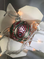 Large Hand Painted Red and Green Christmas Ornament with Henna Art on White Satin Glass Bulb