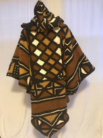 Long African Mudcloth Cape with Hood in Black, Brown and White