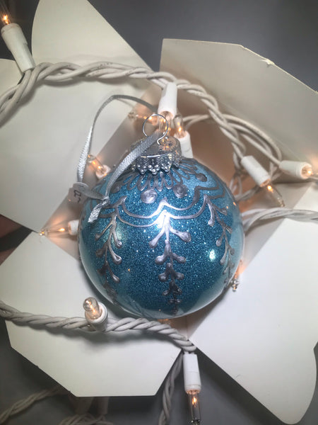 Hand Painted Ornament Blue Glitter and Silver Christmas Bulb