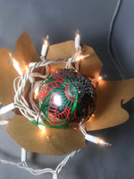 Large Hand Painted Silver Glass Ornament with Red and Green Henna Art