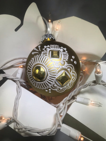 Large Hand Painted Ornament with Henna Art on Gold Glass Bulb