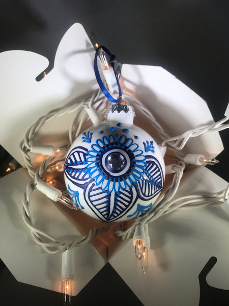 Large Hand Painted Ornament with Henna Art in Blue and White