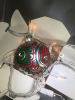 Large Hand Painted Red and Green Christmas Ornament with Henna Art on White Satin Glass Bulb