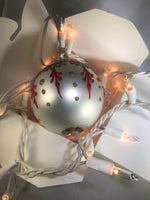 Large Hand Painted Red and Green Christmas Ornament with Henna Art on White Satin Glass Bulb