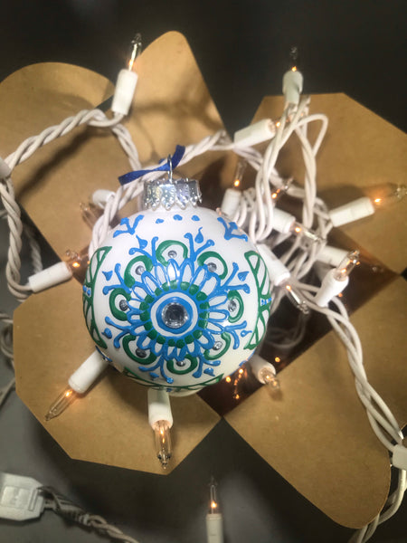 Medium Hand Painted White Glass Ornament with Henna Art in Blue and Green