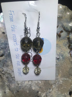 Grey, Red and Crystal Drop Earrings with Stainless Steel Ear wires