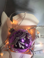 Large Hand Painted Purple and White Glass Ornament with Henna Art