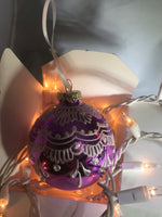 Large Hand Painted Purple and White Glass Ornament with Henna Art