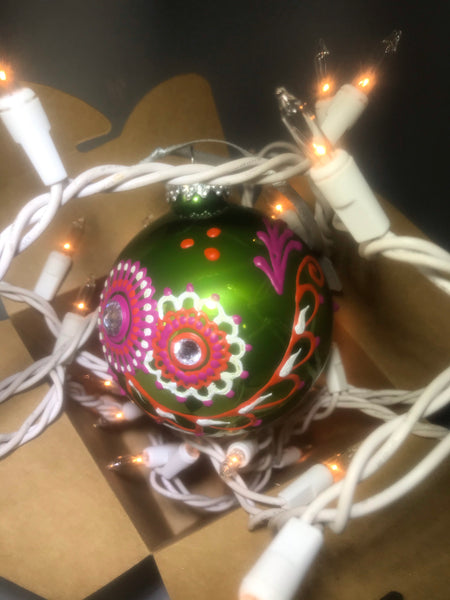 Hand Painted Ornament with Henna Art on Green Glass Bulb with Orange and Pink Design